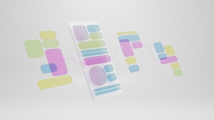 Poster - UX UI flowchart connection node graphic designer creative planning application process development data prototype wireframe for web mobile icon phone . User experience concept. 3d rendering.
