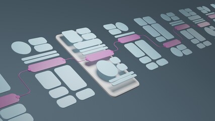 UX UI flowchart connection node graphic designer creative planning application process development data prototype wireframe for web mobile icon phone . User experience concept. 3d rendering.