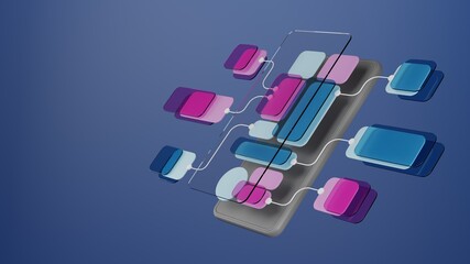 UX UI flowchart connection node graphic designer creative planning application process development data prototype wireframe for web mobile icon phone . User experience concept. 3d rendering.
