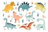 Fototapeta Dinusie - Cute dinosaur set. HAnd drawn vector illustration for modern nursery and textile design