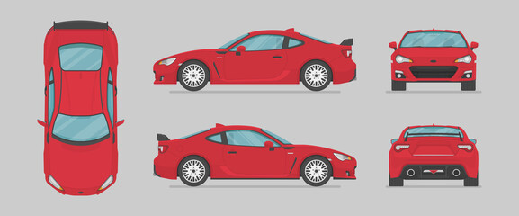 Vector red sport car. Side view, front view, back view, top view. Cartoon flat illustration, car for graphic and web