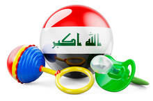 Birth Rate And Parenting In Iraq Concept. Baby Pacifier And Baby Rattle With Iraqi Flag, 3D Rendering