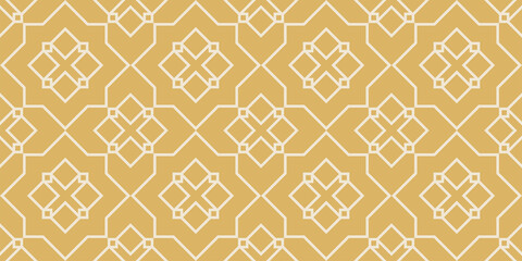 Wall Mural - Trendy background patterns with geometric ornament on gold backdrop, wallpaper. Seamless pattern, texture. Vector image