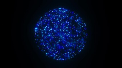 Wall Mural - 4k video animation of bright blue color glowing particles forming sphere shape on the black backgrou