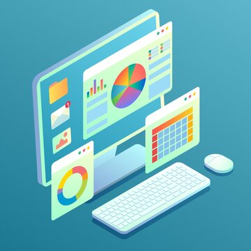 Web analytics concept. Desktop computer with charts, graphs on screen. Data analysis, vector isometric illustration.
