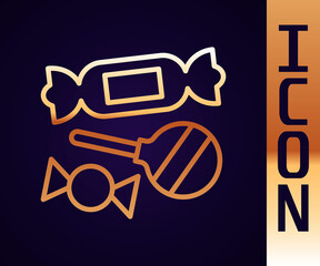 Gold line Candy icon isolated on black background. Vector