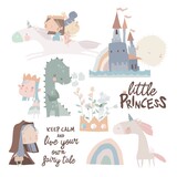 Set of cute little princesses, dragons and magic unicorns on white background