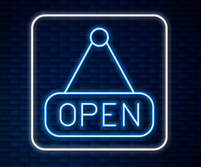 Poster - Glowing neon line Hanging sign with text Open door icon isolated on brick wall background. Vector