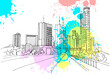 Modern urban landscape. Hand drawn line sketch. Tel Aviv, Ramat Gan, Israel. Vector illustration on colourful blobs background
