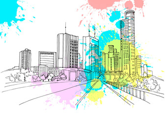 Wall Mural - Modern urban landscape. Hand drawn line sketch. Tel Aviv, Ramat Gan, Israel. Vector illustration on colourful blobs background