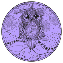 Mandala With Owl. Design Zentangle. Hand Drawn Abstract Patterns On Isolation Background. Design For Spiritual Relaxation For Adults. Line Art Creation. Zen Art. Decorative Style