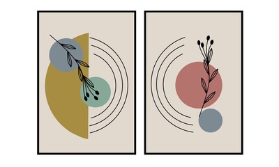 Wall Mural - Set two of abstract Geometric shapes and bontanical flowers wall art. Geometry and plants wall decor. Minimalist Scandinavian wall decorations. Vector Ilustration.