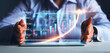 © Miha Creative - Businesswoman holding tablet with  growing virtual hologram of statistics, graph and chart. Business strategy development and growing growth plan.