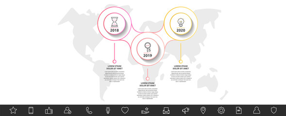 Modern and line vector infographic with icons and three steps. Circles with thin lines for the application, website, interface, chart, diagram, banner, presentations on a white isolated background