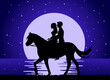 Romantic background with couple riding horse at moonlight starry night silhouette vector illustration