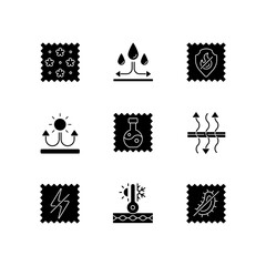 Poster - Fabric properties black glyph icons set on white space. Water repellent. Breathable, antistatic, antimicrobial textile. Thermal insulated fiber. Silhouette symbols. Vector isolated illustration