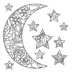 Wall Mural - Moon and star with abstract patterns on isolation background. Design for spiritual relaxation for adults. Line art creation. Black and white illustration for anti stress colouring page. Print t-shirts