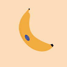 Banana Stylish Illustration. Hand Draw Yellow Banana With Blue Sticker. Great Design For Social Media, Postcards, Print