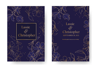 Elegant wedding invitation with gold accents on a dark blue background. Invitation with floral decoration and text frame. Modern rsvp greeting card design with natural design elements. EPS10.