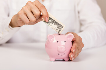 Woman putting dollar bancnote into piggy bank on light blue background, closeup. Space for text