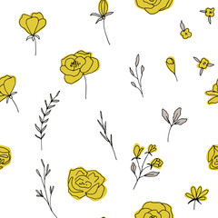 Poster - Floral vector seamless pattern with  flowers, berries, leaves and twigs. Beautiful hand drawn bouquets in pastel colors in vintage style.