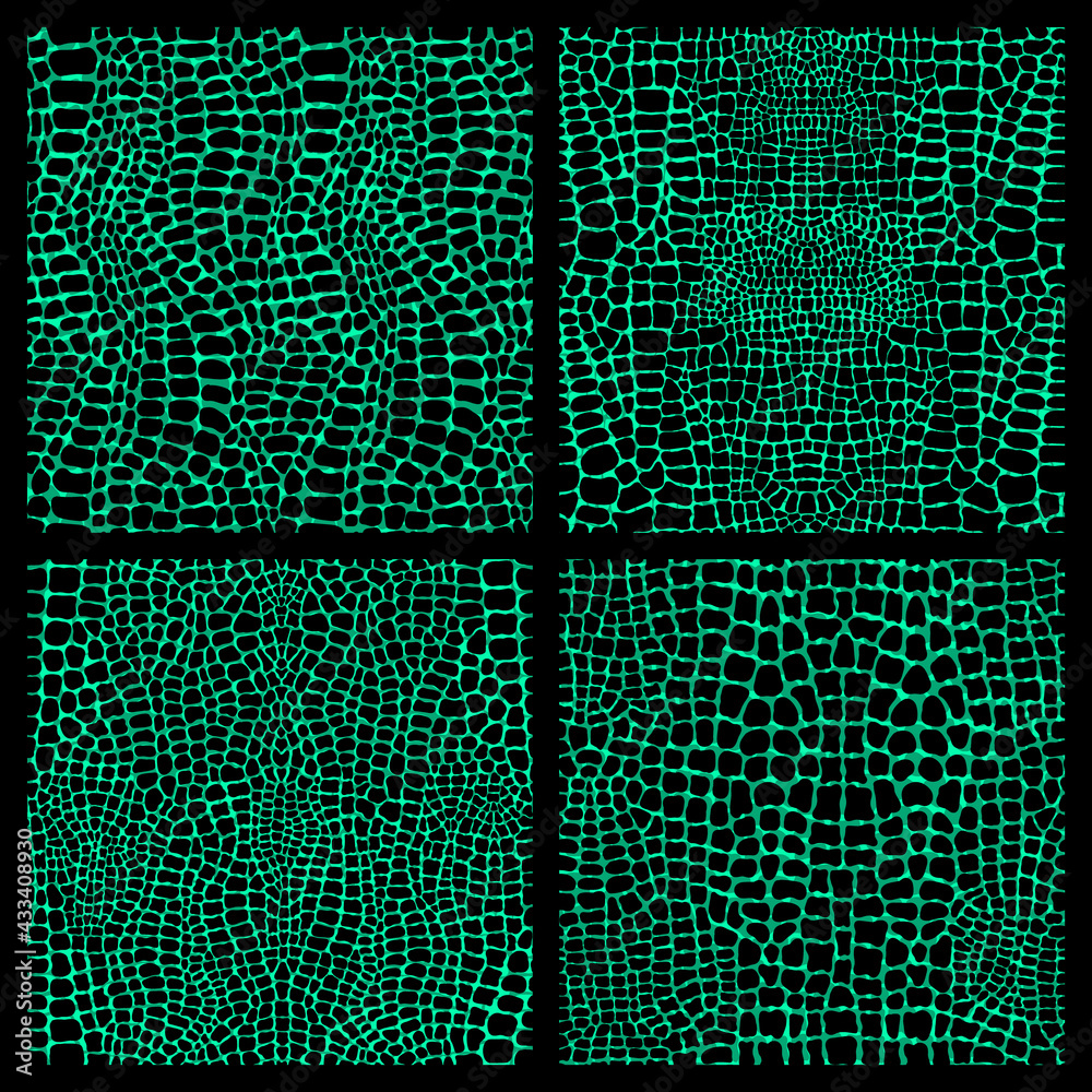Set of 4 crocodile or alligator skin seamless patterns. Green leather ...