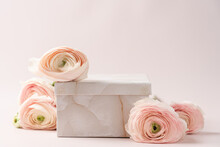 Marble Square Box Podium   With Pink Ranunculus Flowers. Cosmetic Pedestal For Beauty Products, Product Promotion Mockup