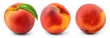 Peach Isolated. Peach With Leaf On White Background. Collection With Clipping Path. Full Depth Of Field.