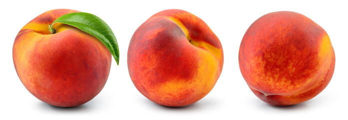 peach isolated. peach with leaf on white background. collection with clipping path. full depth of fi