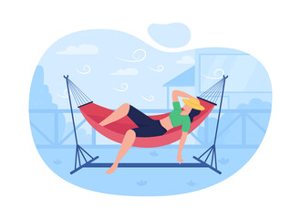 Poster - sleeping in hammock 2d vector web banner, poster. camping. enjoying free time in hanging bed flat ch