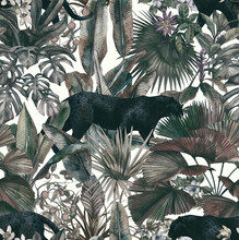 Tropical Leaves, Panther And Orchid. Seamless Vintage Pattern. Wallpapers With Tropical Flowers And Leaves