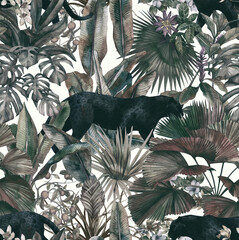 Tropical leaves, panther and orchid. Seamless vintage pattern. Wallpapers with tropical flowers and leaves