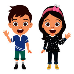 Wall Mural - Happy cute kid boy and girl characters wearing beautiful outfit standing together and waving 