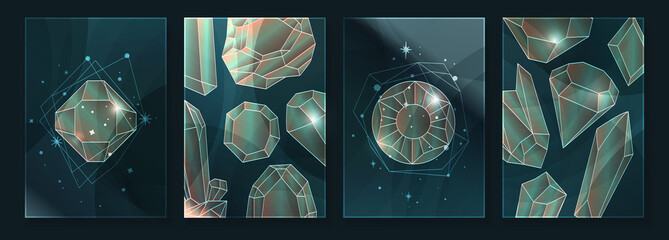 Wall Mural - Abstract contemporary art with crystal and gem geometry shapes. Esoteric mystical celestial sacred wall art with jewel stone. Wall decor painting. Minimalistic background design. Vector illustration.