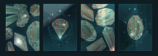 Wall Mural - Abstract contemporary art with crystal and gem geometry shapes. Esoteric mystical celestial sacred wall art with jewel stone. Wall decor painting. Minimalistic background design. Vector illustration.