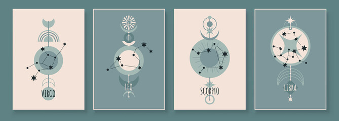 Wall Mural - Abstract art with zodiac celestial sign and constellation. Virgo, Leo, Scorpio, Libra. wall art in vintage style. Wall decor painting. Minimalistic background design. Vector illustration.
