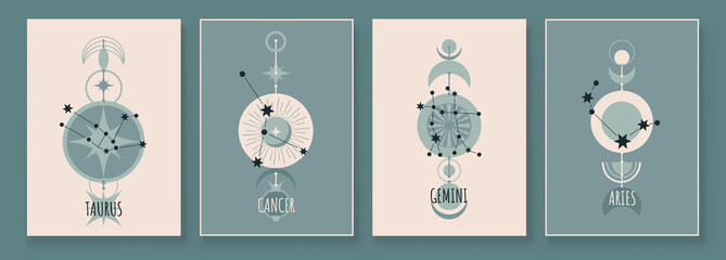 Wall Mural - Abstract art with zodiac celestial sign and constellation. Cancer as crab, Taurus as Bull, Aries as Ram, Gemini as Twins. Wall art in vintage style. Minimalistic background design. Vector illustration