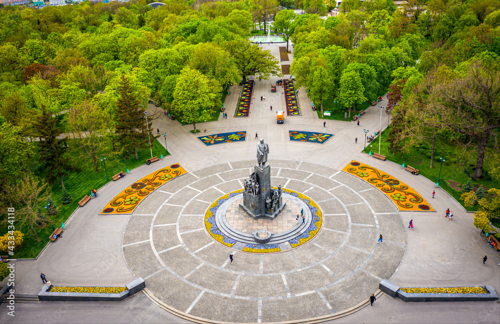 Taras Shevchenko monument at Sumskaya street in Kharkov, aerial view - obrazy, fototapety, plakaty 