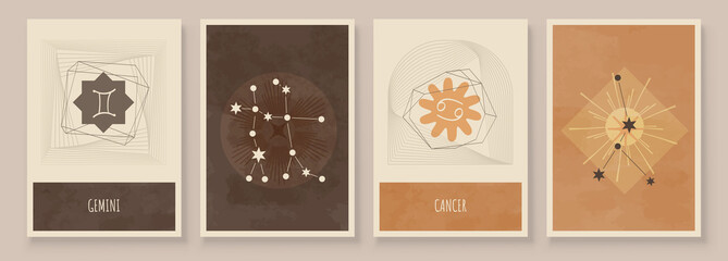 Wall Mural - Abstract art with zodiac celestial sign and constellation. Cancer as crab, Gemini as Twins. Wall art in vintage style. Minimalistic background design. Vector illustration.