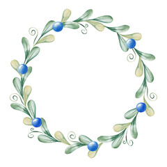  Hand drawn watercolor minimalistic wreath. Botanical frame of blueberries and leaves. Summer mood. Botanical Design elements. Perfect for invitations, greeting cards, prints, posters, packing etc 