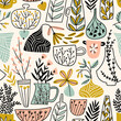 © Utro na more - Potted flowers. Vector illustration in scandinavian style.  Hand drawn seamless pattern design for fabric or wrapping paper.