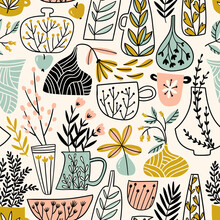 Potted Flowers. Vector Illustration In Scandinavian Style.  Hand Drawn Seamless Pattern Design For Fabric Or Wrapping Paper.