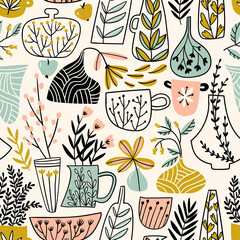 potted flowers. vector illustration in scandinavian style. hand drawn seamless pattern design for fa