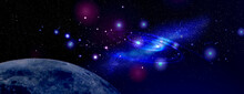 Amazing Illustration Of Galaxy With Stars And Planets, Banner Design. Fantasy World