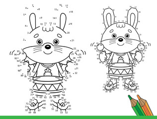 Wall Mural - Puzzle Game for kids: numbers game. Coloring Page Outline Of Cartoon little bunny or hare with toy drum. Coloring Book for children.