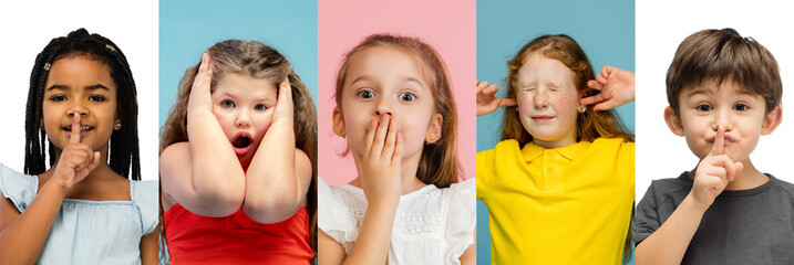 Art collage made of portraits of little and happy kids isolated on multicolored studio background. Human emotions, facial expression concept