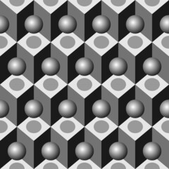 Poster - Geometric seamless pattern of gray 3 dimensional cubes and spheres. Op Art. Repeating grayscale texture. Vector monochrome background. Suitable for wallpaper, wrapping paper, fabric, flooring
