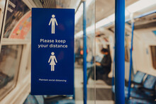 Social Distancing Sign In The Train Carriage Of London Underground, UK.