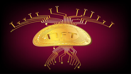 Wall Mural - detailed gold coin nft non fungible token in form of beetle with pcb tracks like horns and legs on d