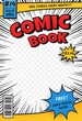 © Frogella.stock - Comic book cover. Retro comics title page template in pop art style. Cartoon superhero magazine with speed rays and halftone effect vector layout. Frame with price, issue number and speed lines